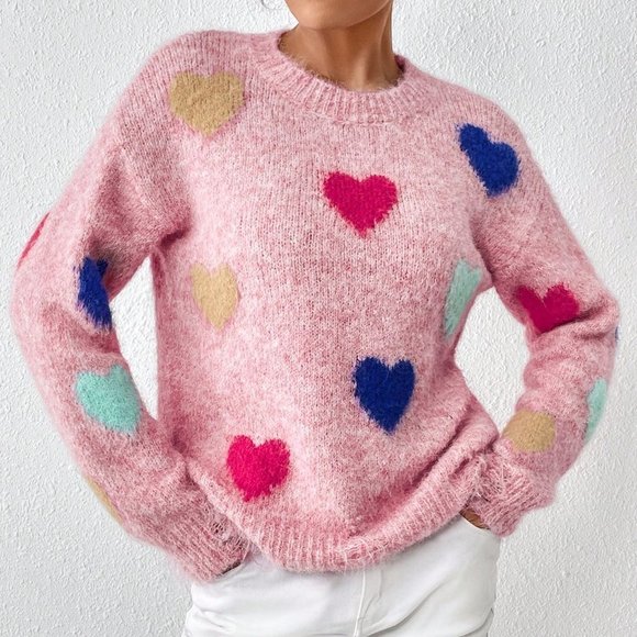 . Sweaters - Pink Casual Womens Heart Pattern Drop Shoulder Sweater